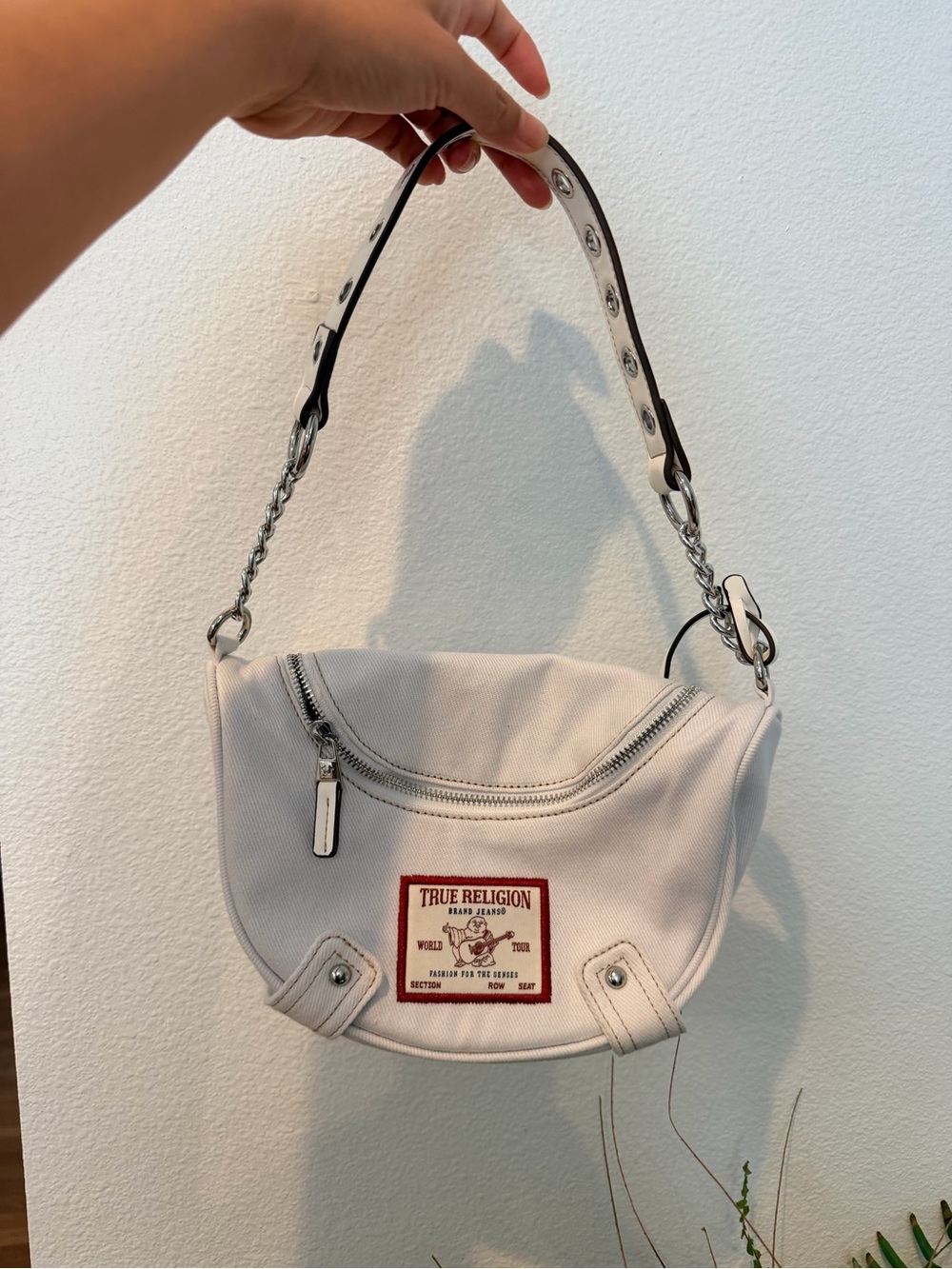 True Religion Cream Canvas Shoulder Bag with Red Logo Patch